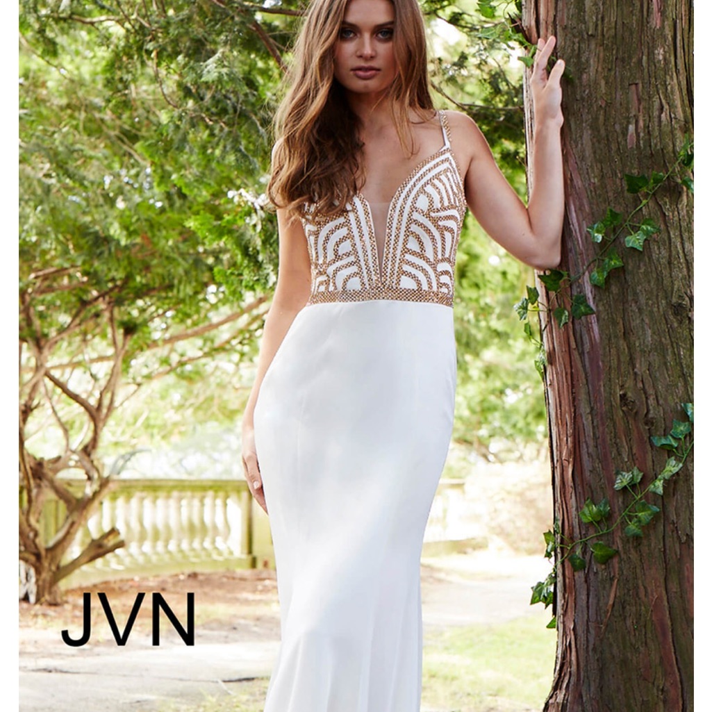 Jovani White Gown With Rose Gold Beaded Bodice